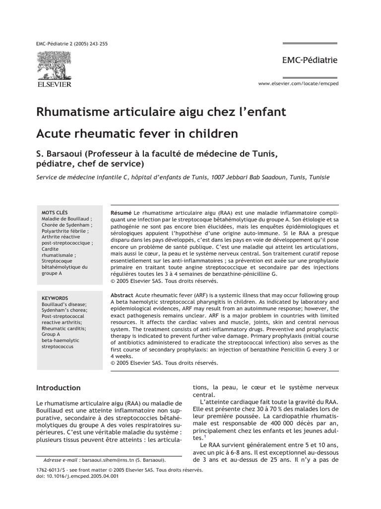 Rhumatisme articulaire aigu chez l'enfant | PDF | Streptocoque ...