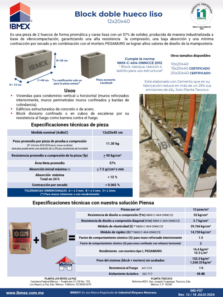 Block Hueco Liso de Concreto - 12x20x40 - Ibmex | PDF | Albañilería ...