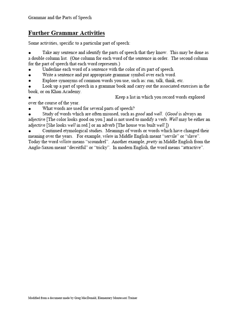 Grammar Activities for Parts of Speech | PDF | Verb | Part Of Speech