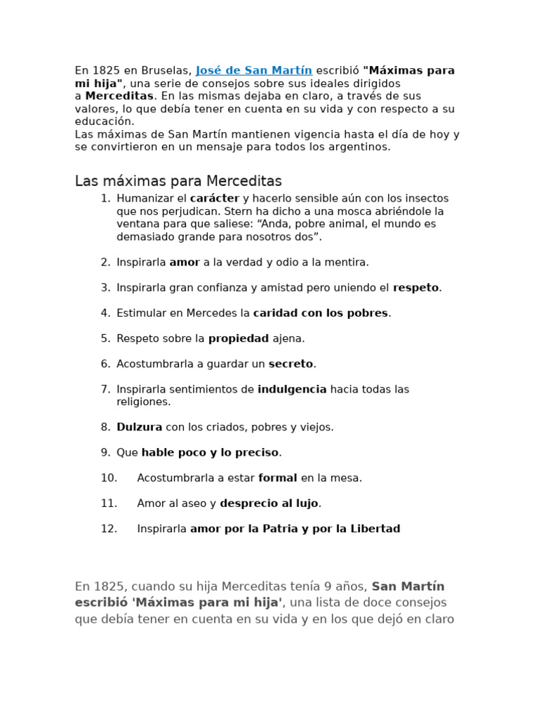Máximas de San Martín para Merceditas | PDF