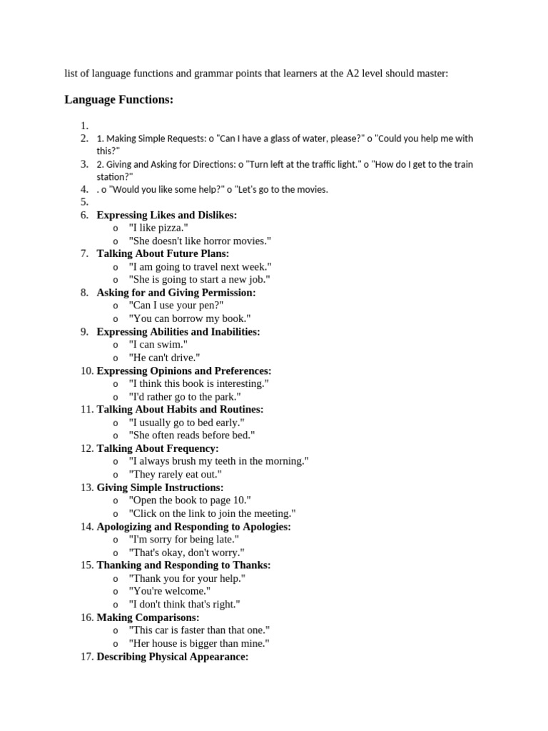 List of Language Functions and Grammar Points That Learners at the A2 ...
