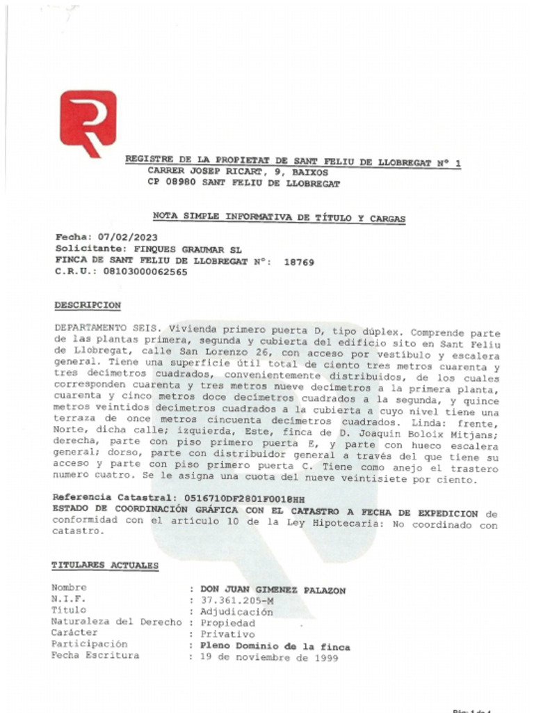 Nota Simple Vivienda y Trastero (Storage Room) | PDF