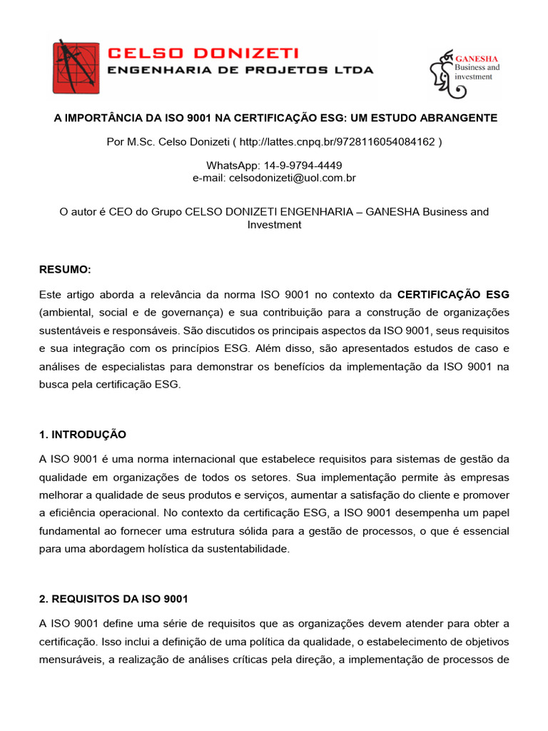 ISO 9001 e Certificação ESG: Importância | PDF | Qualidade (negócios ...