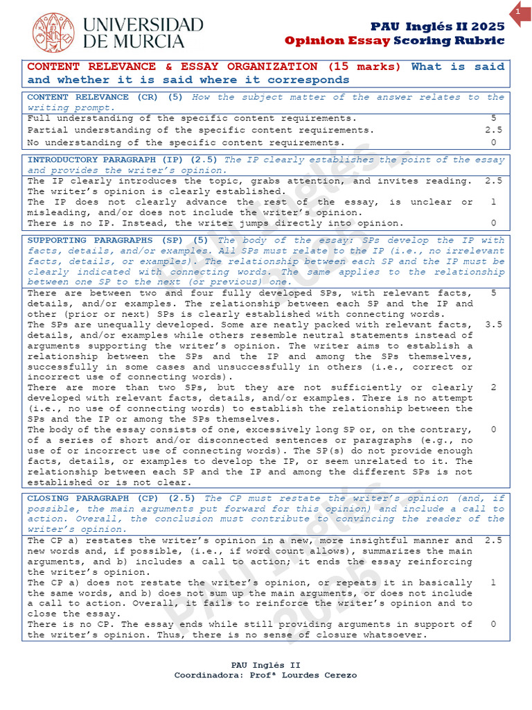 Opinion Essay-Pau Rubric 2025 | PDF | Punctuation | Word