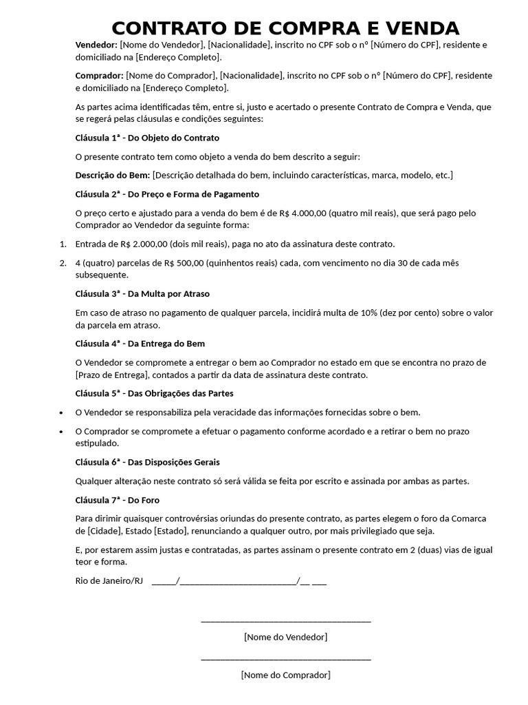 Contrato De Compra E Venda Simples: Baixe Grátis Modelo Word – PRWE