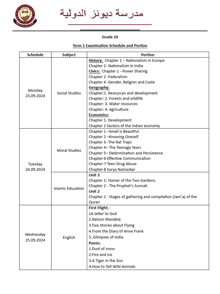 Grade 10 Term 1 Exam Schedule 2024-25 | PDF | Equations | Computer Vision