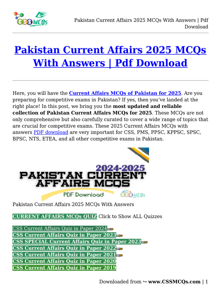 Pakistan Current Affairs 2025 MCQs PDF | PDF | Pakistan | Parliament Of ...