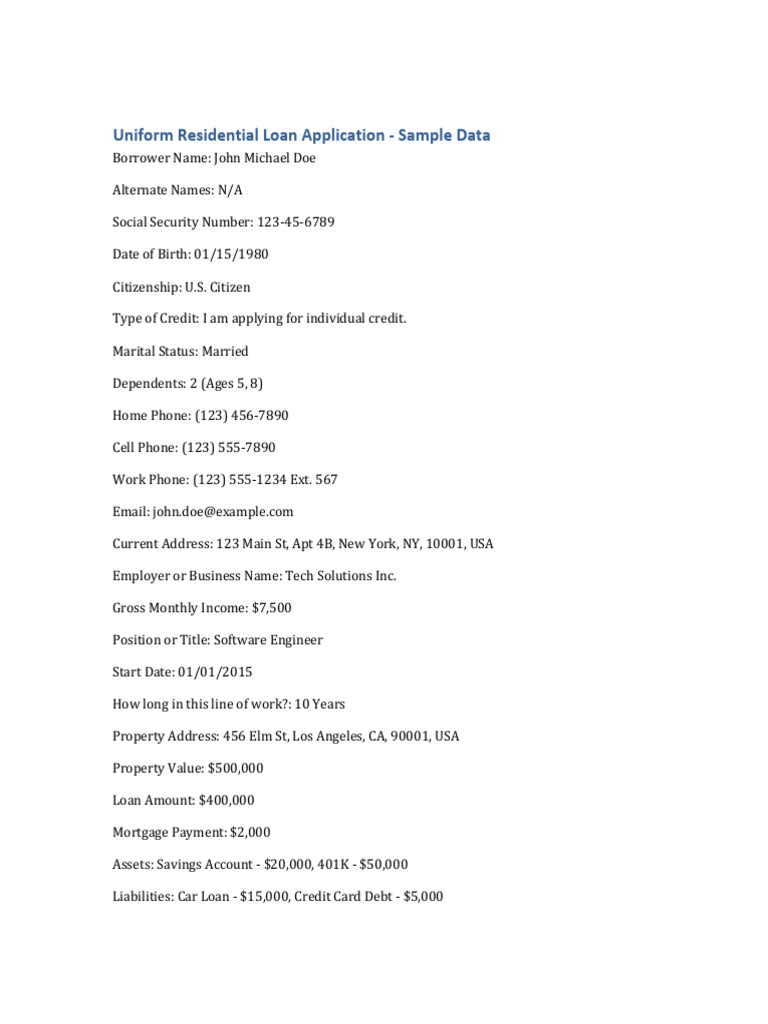 Sample Uniform Residential Loan Application | PDF
