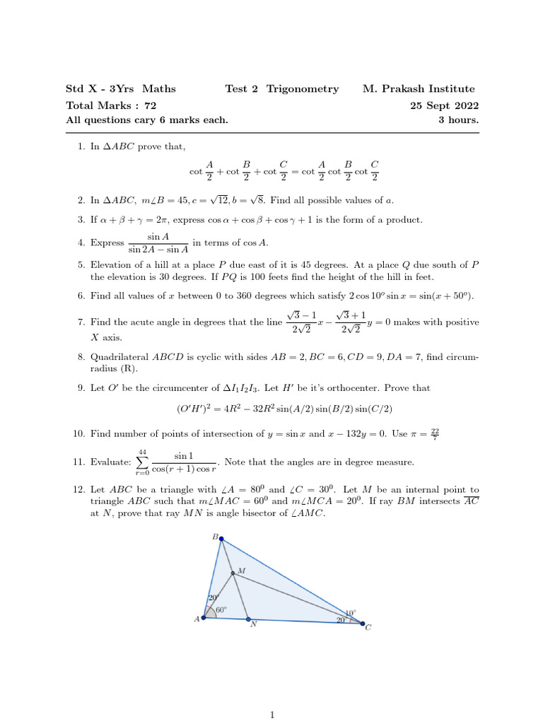 10-3yrs - Maths Test-2 - Trigonometry - 25-09-2022 | PDF