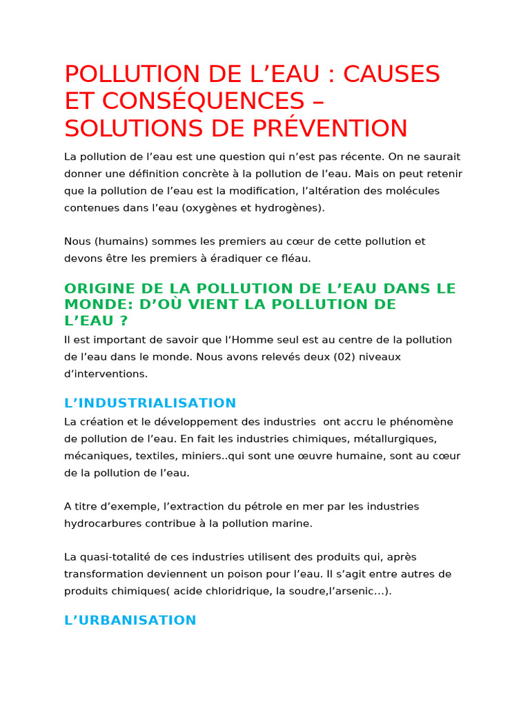 Pollution de l'eau : causes et solutions | PDF | la pollution ...