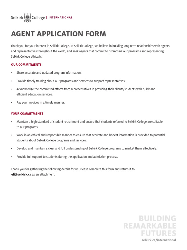 Selkirk College International Agent Form | PDF