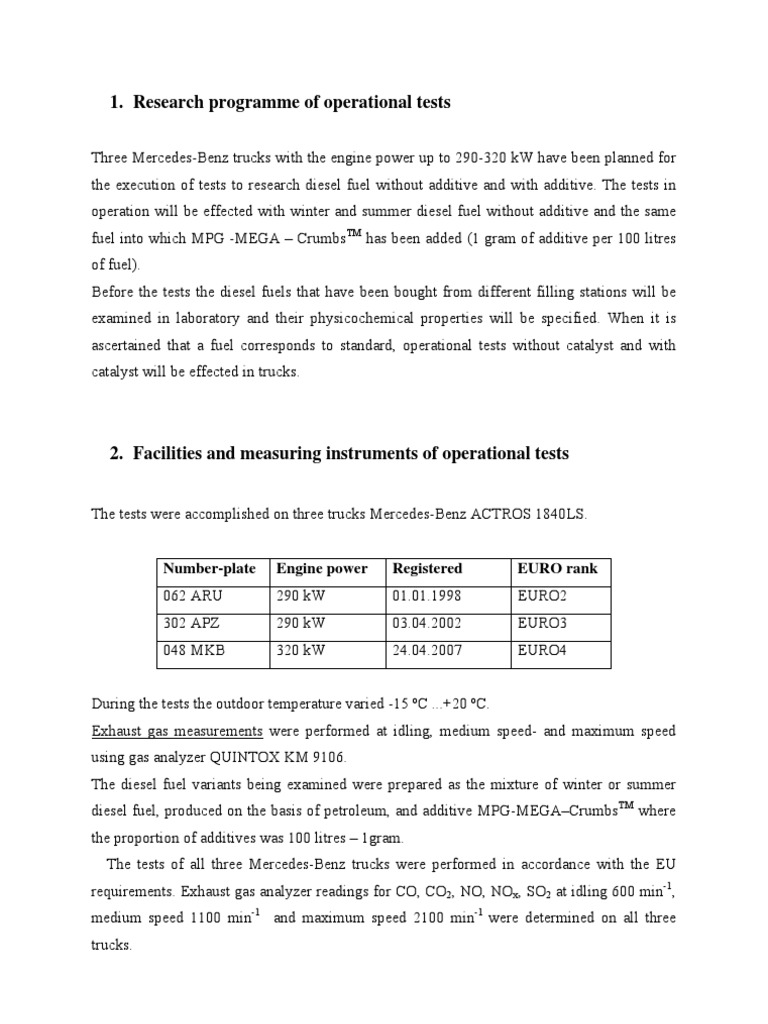 Research Programme of Operational Tests: Number-Plate Engine Power ...