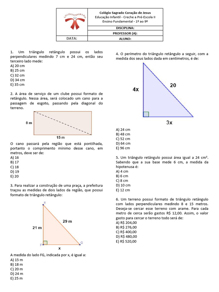 Questões de Matemática: Triângulos e Teorema de Pitágoras | PDF ...