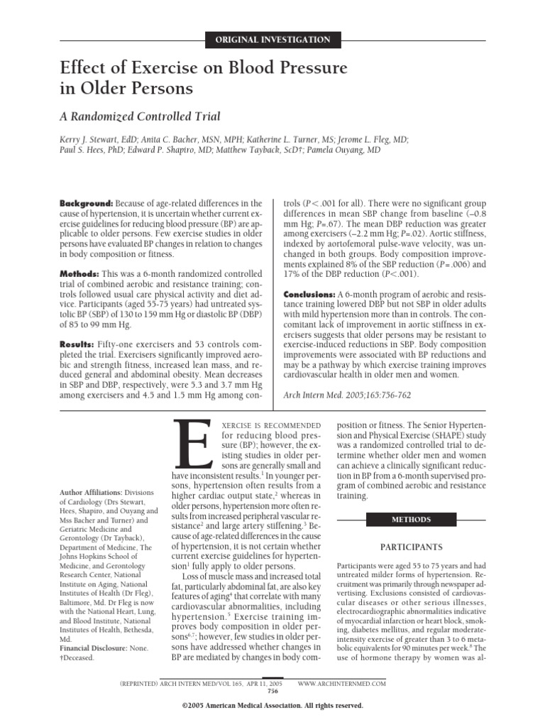 Effect of Exercise On Blood Pressure in Older Persons, ARCH INT MED ...