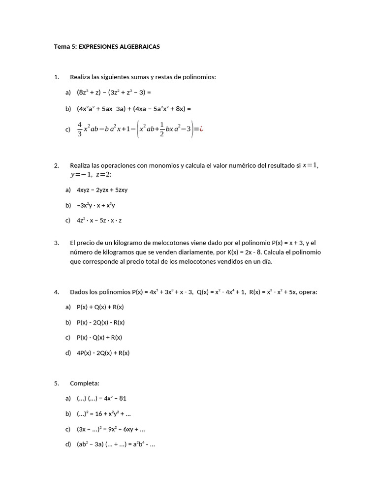 Operaciones con Expresiones Algebraicas | PDF | Ciencia computacional ...