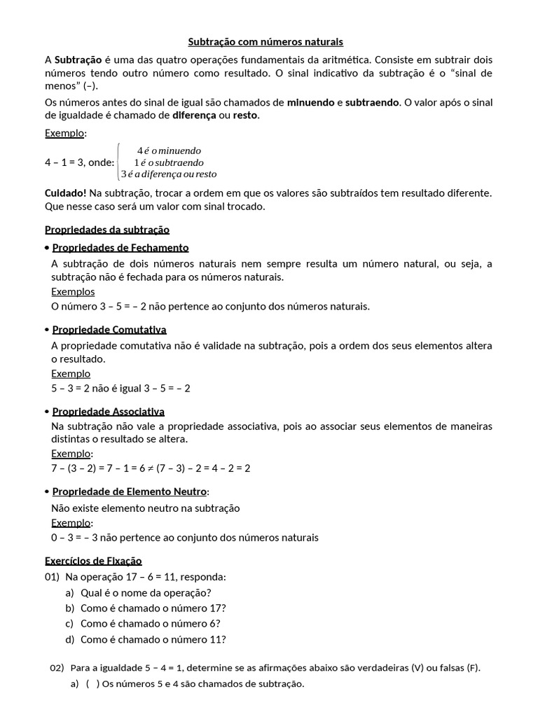 Propriedades da Subtração | PDF | Subtração | Números