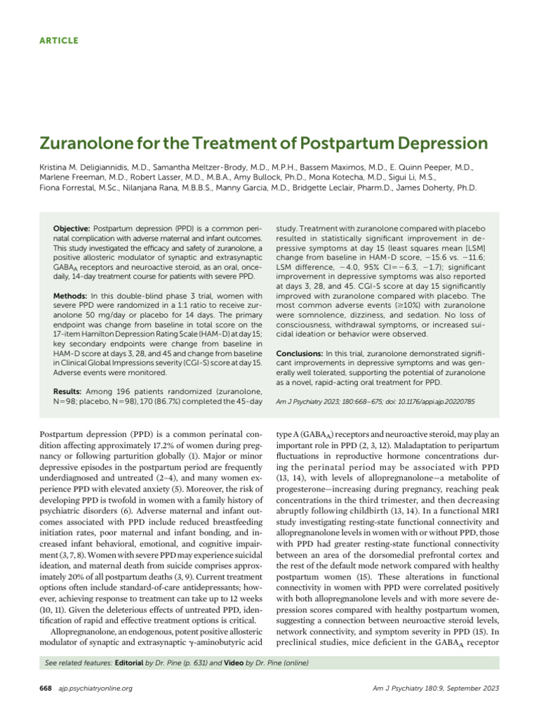Zuranolone Effective Treatment for Postpartum Depression PDF Major