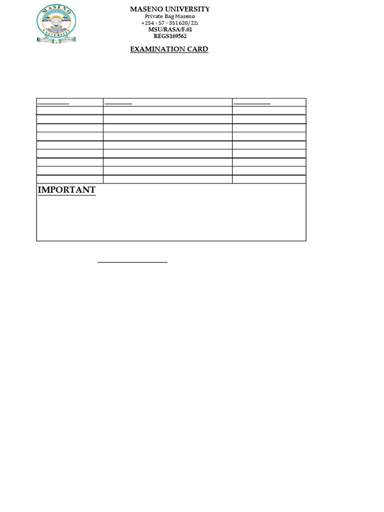 Maseno University Exam Card for Joywin Akolo | PDF