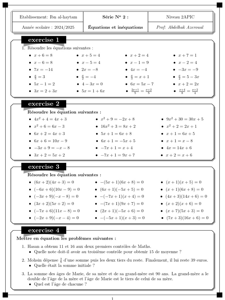 Exercices d'équations et inéquations | PDF