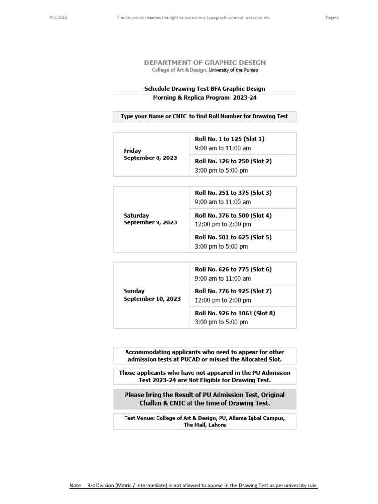 Schedule Drawing Test BFA Graphic Design (Morning & Replica) Program ...