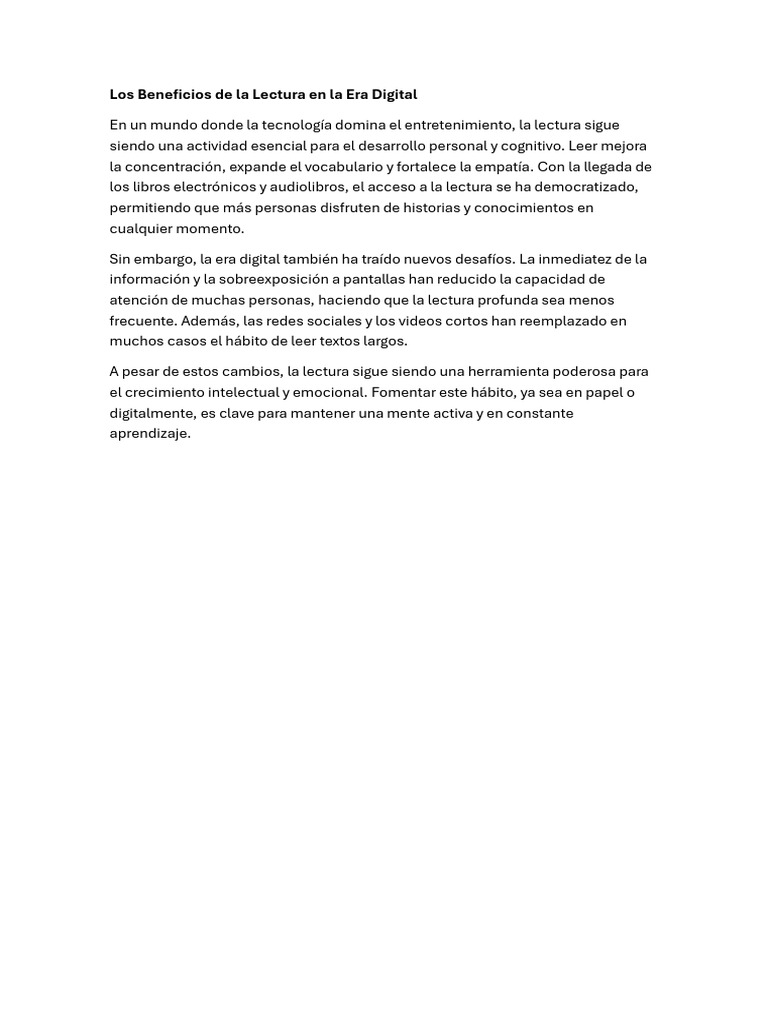Los Beneficios de La Lectura en La Era Digital | PDF