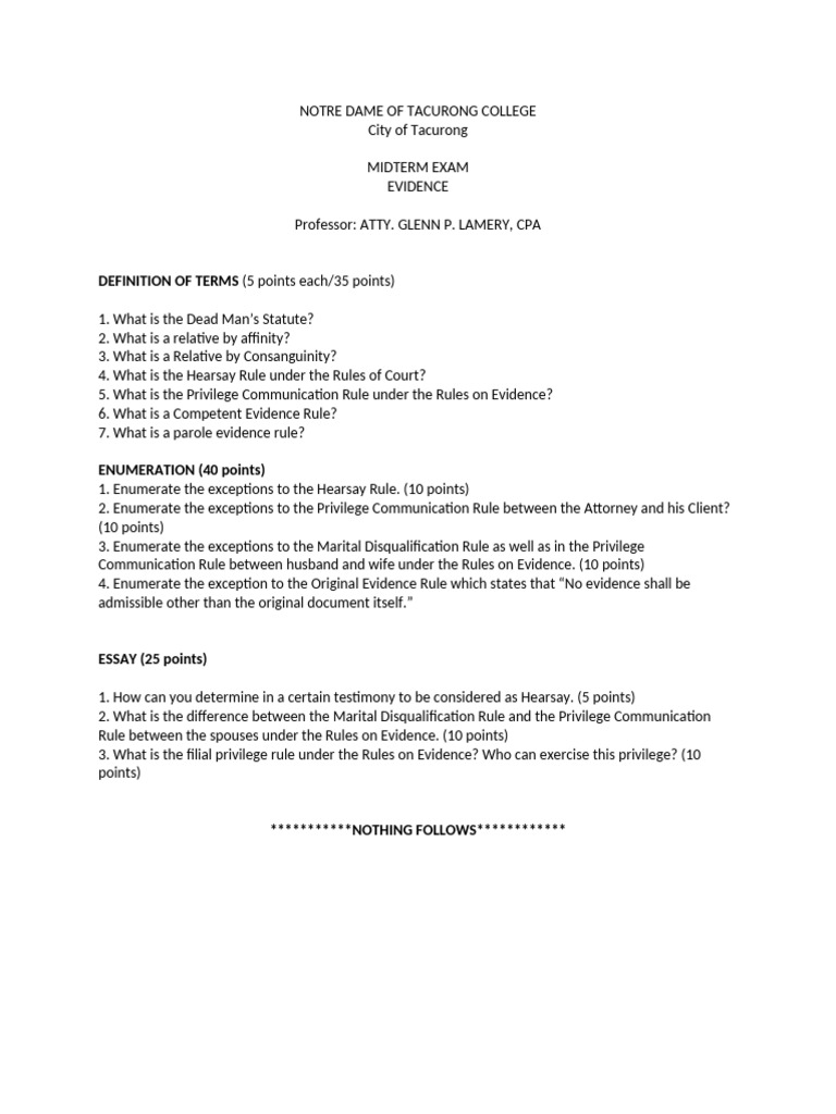Evidence Midterm Exam Overview | PDF
