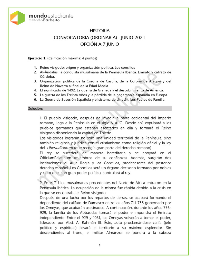 Solución+EVAU+Madrid+Historia+2021+Junio (2) | PDF | Imperio español ...