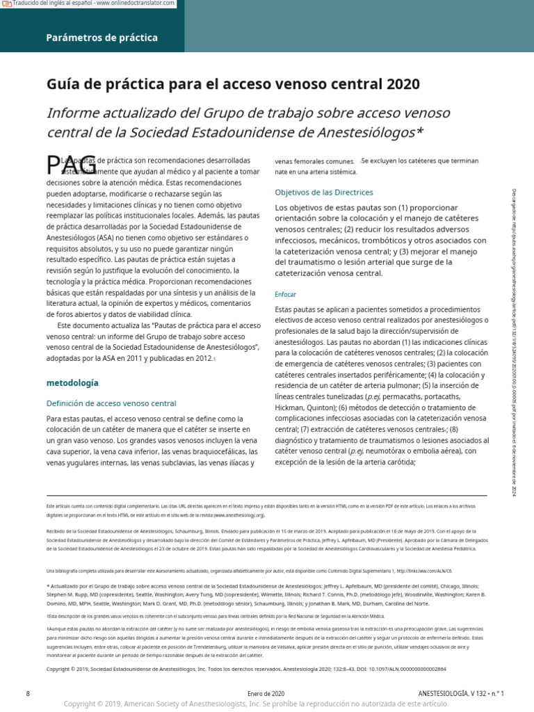 ASA 2020: Practice Guidelines For Central Venoous Access | PDF | Vena ...