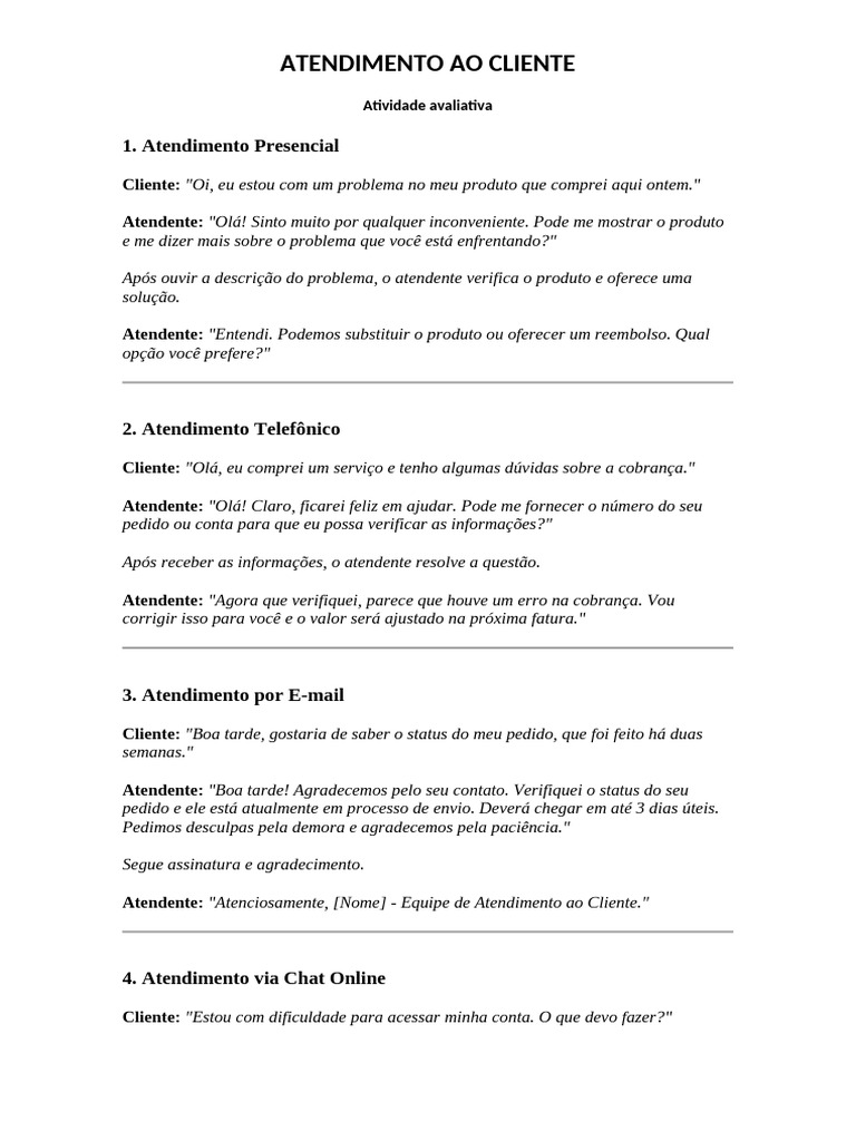 Exemplo de Atendimento Ao Cliente de Todas As Formas Possiveis | PDF ...