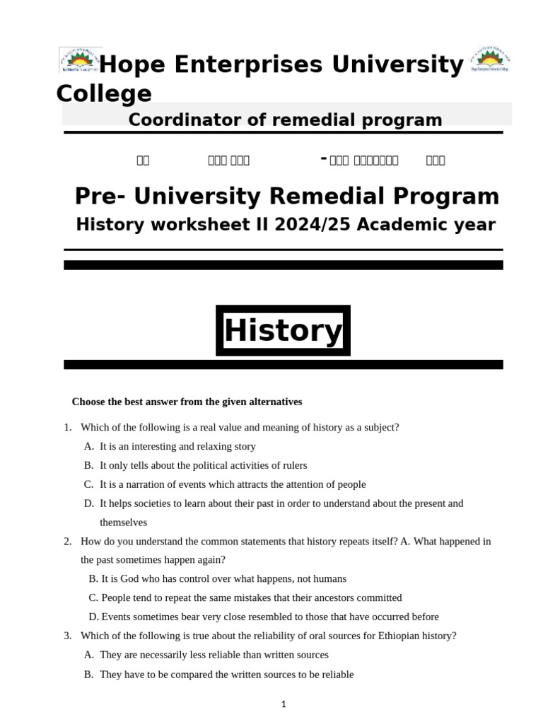 History Remedial Program Worksheet | PDF | Ethiopia