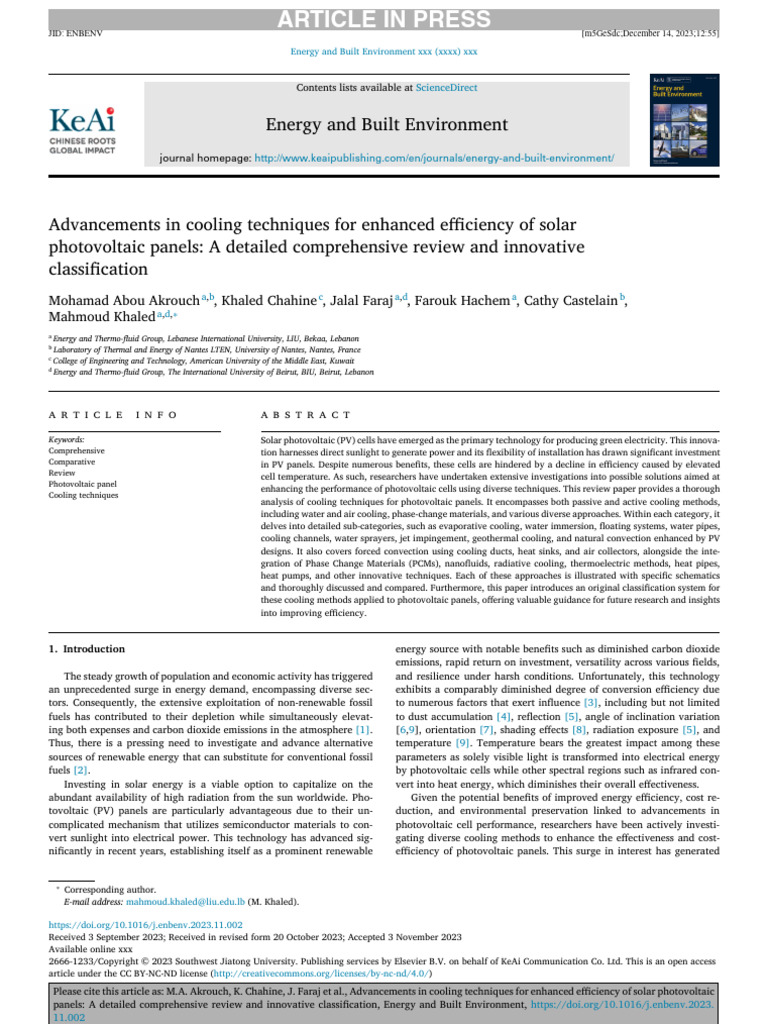 Advancements in Cooling Techniques For Enhanced Efficiency of Solar ...