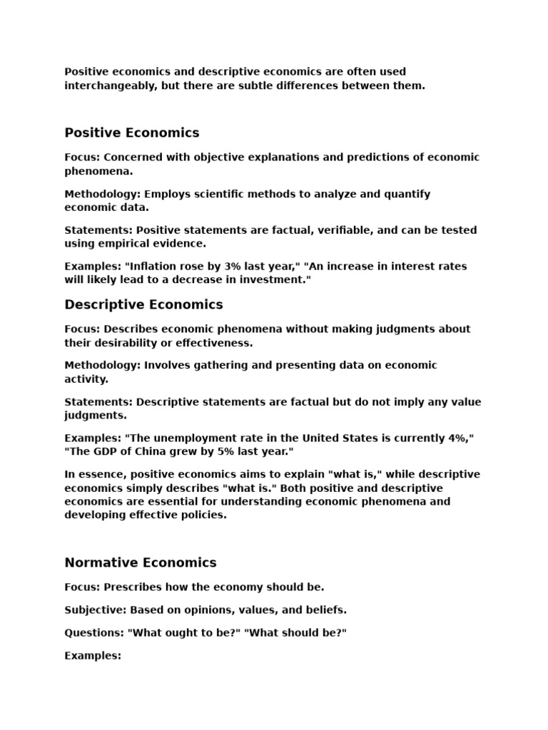 Differences Between Positive and Descriptive Economics | PDF