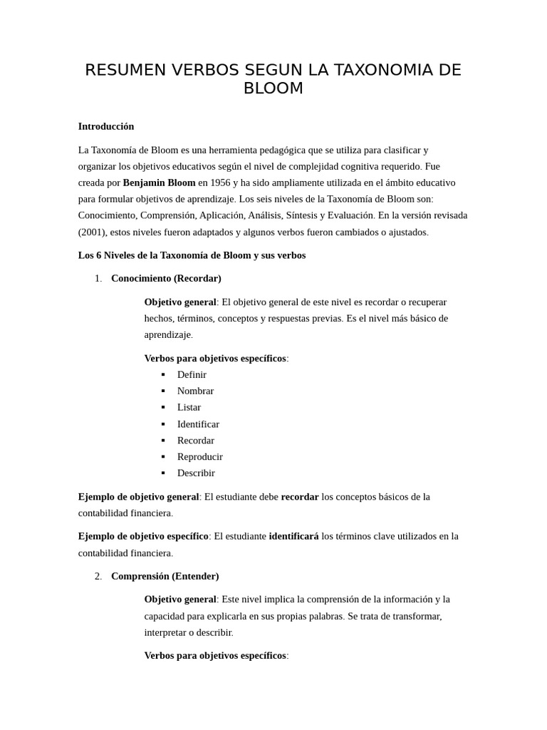 Verbos en la Taxonomía de Bloom | PDF | Aprendizaje | Contabilidad