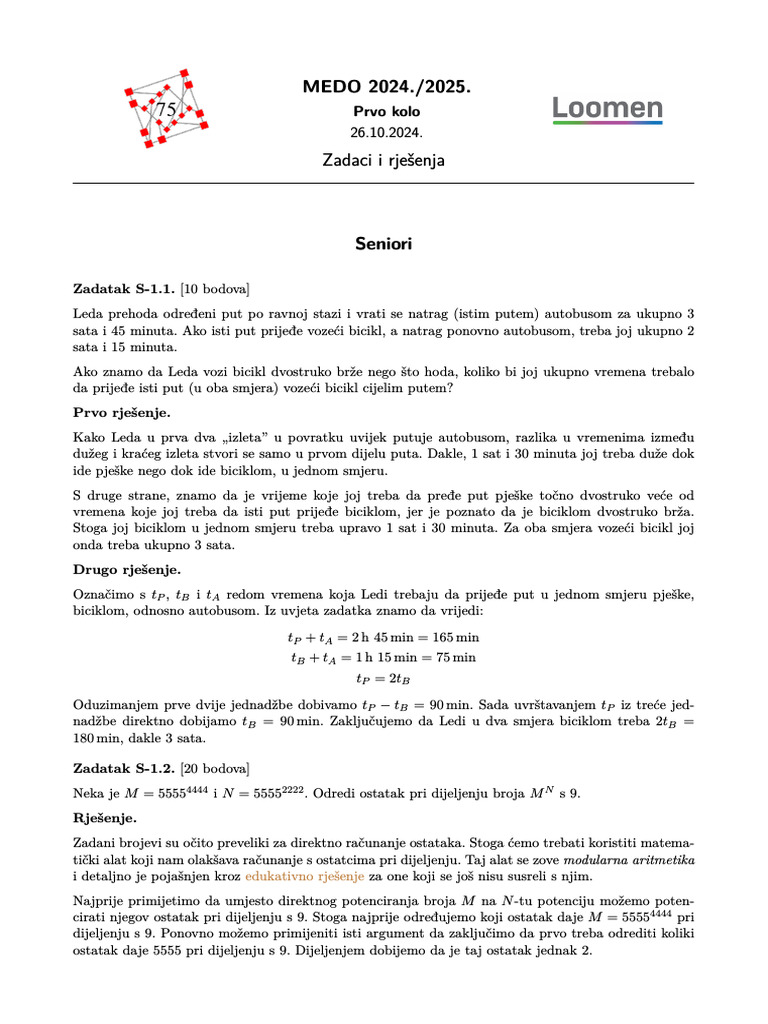 MEDO - 2024 - 2025 Prvo Kolo Seniori Rjesenja | PDF