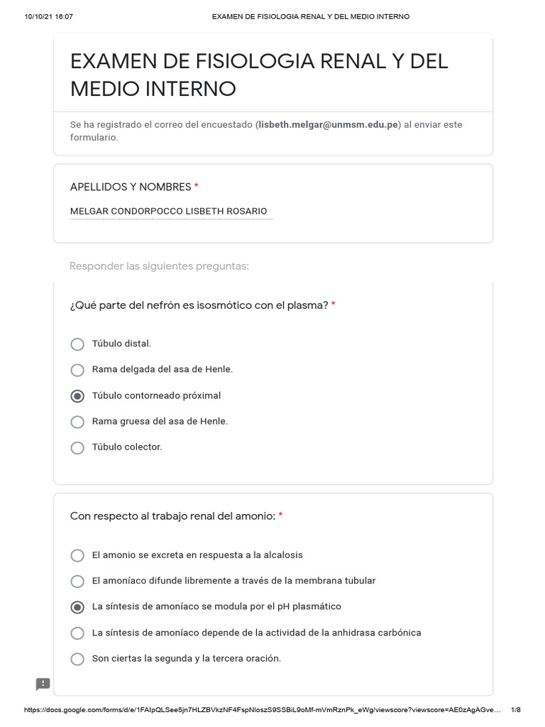 Examen de Fisiología Renal 2021 | PDF | Riñón | Sistema genitourinario