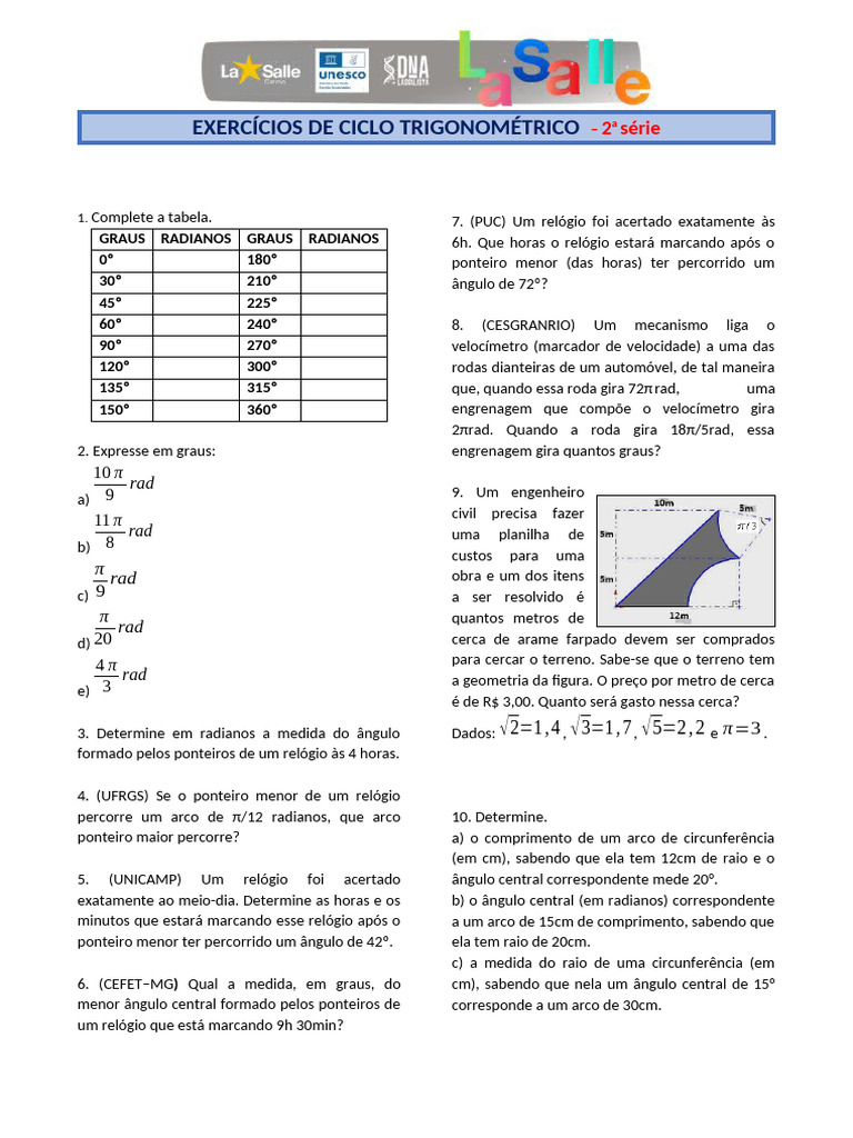 Exercícios de Ciclo Trigonométrico 2ª Série | PDF | Curva | Pi