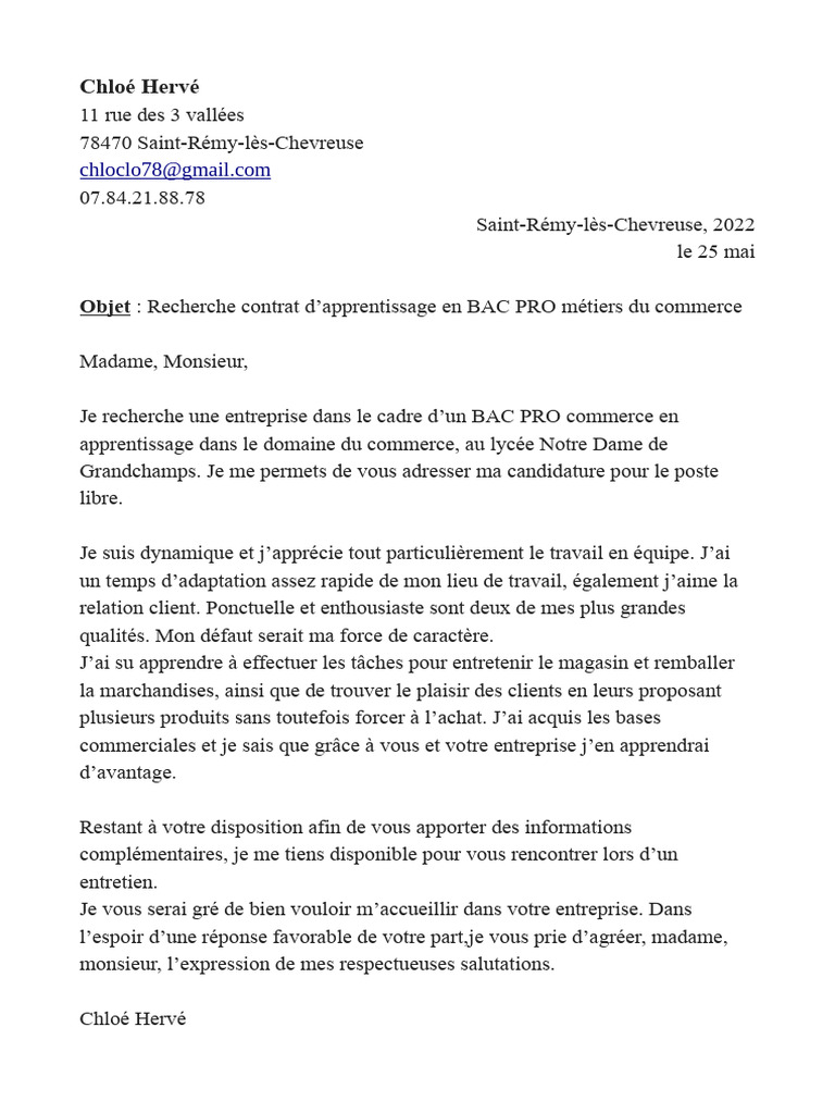 Lettre de motivation BAC PRO commerce | PDF