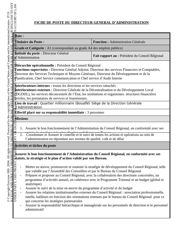Fiche de Poste : Directeur Général | PDF