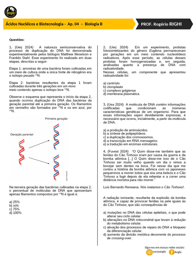 Questões sobre Ácidos Nucléicos e Biotecnologia | PDF | RNA | Gene