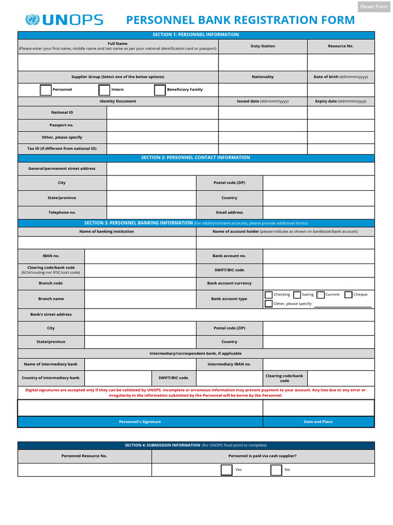 UNOPS Personnel Bank Registration Form | PDF | Identity Document | Banking