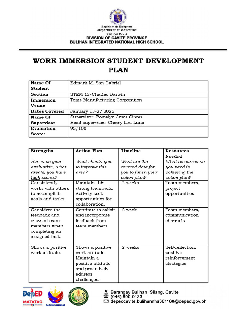 Work Immersion Student Development Plan | PDF | Organizational Behavior ...