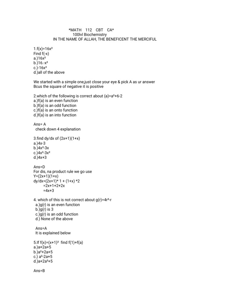 Math 112 CBT CA BCH (Original) | PDF | Function (Mathematics) | Algebra