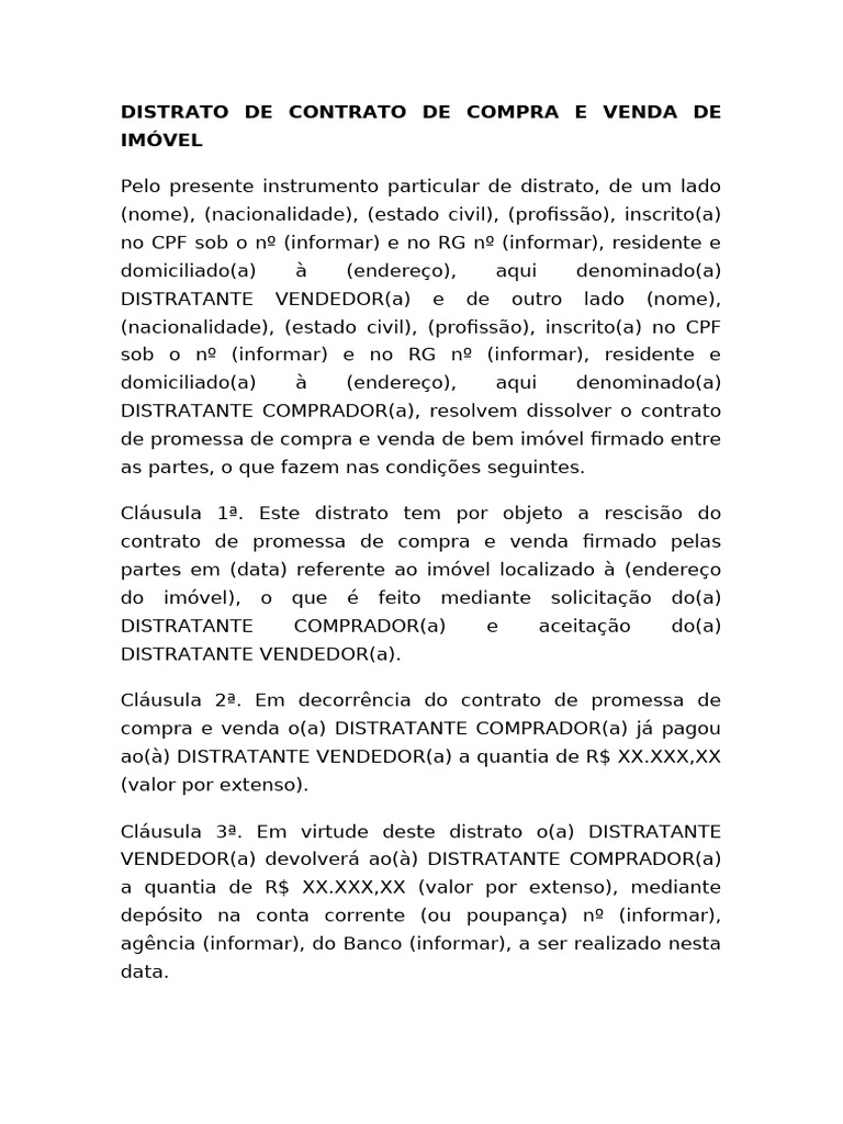 Distrato de Contrato de Compra e Venda de Imovel | PDF | Indenização