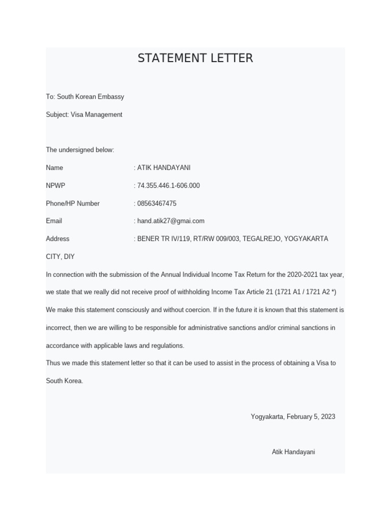 Tax Statement Letter | PDF
