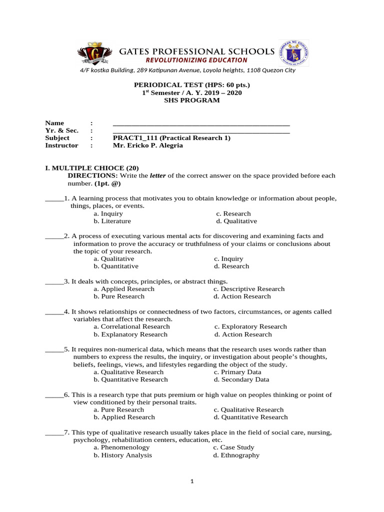 1sts 1stq Practical Research 1 Periodical Test 1 TMT 2019 2020 | PDF ...