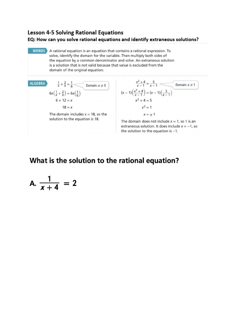Lesson 4-5 Solving Rational Equations | PDF
