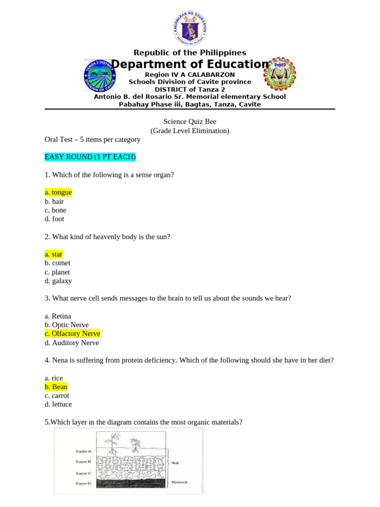 Cavite Science Quiz Bee Questions | PDF | Breathing | Water