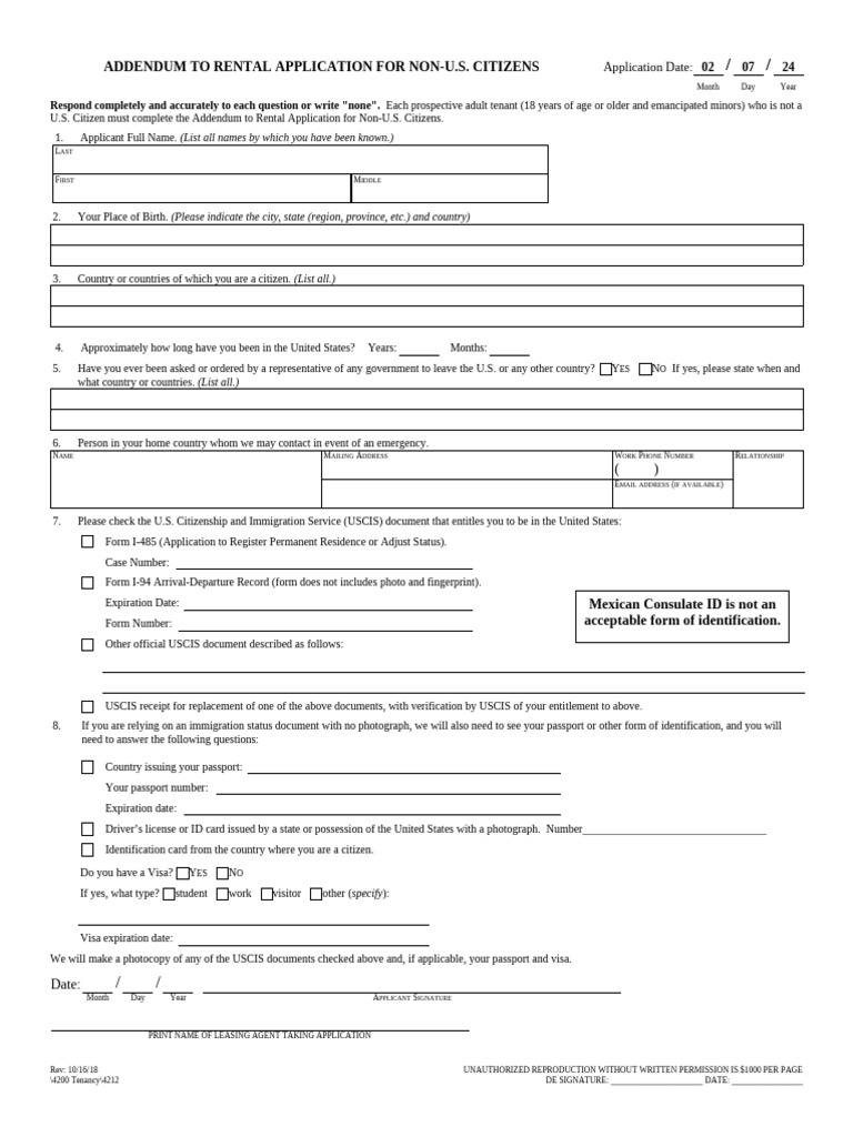 4212 - Addendum to Rental Application for Non-U. S. Citizen | PDF ...
