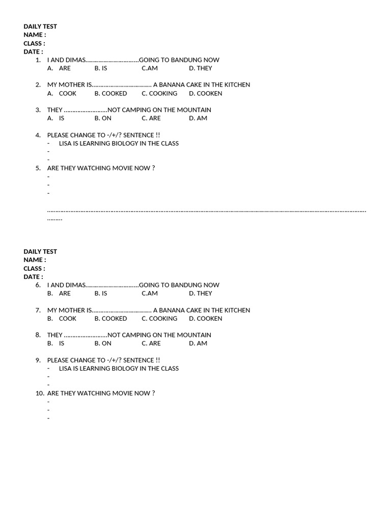 Daily English Grammar Test Worksheet | PDF