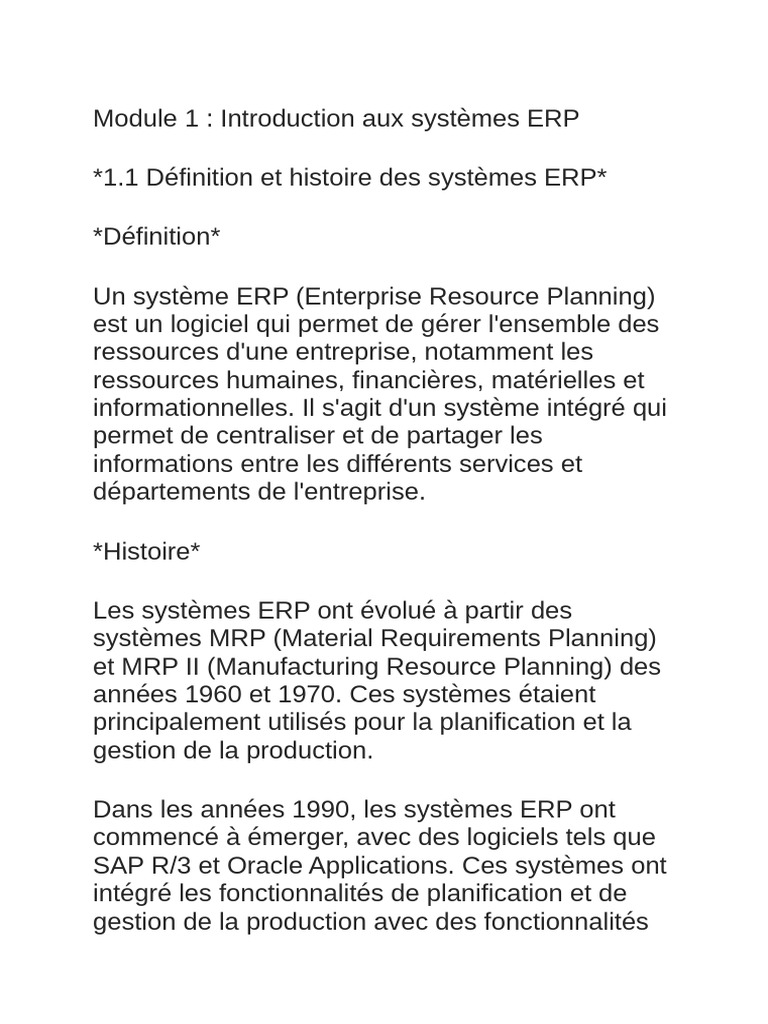 Introduction aux systèmes ERP modernes | PDF | Progiciel de gestion ...
